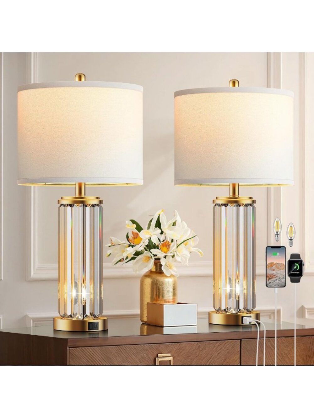 Modern Gold Table Lamps Set of 2 with USB Charging Ports, Nightlight & White